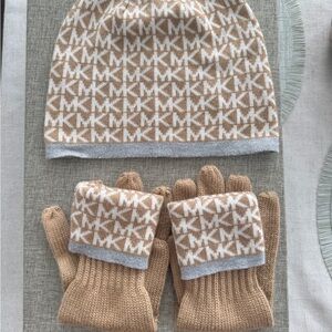 Michael Kors Beige and White Logo Hat and Gloves